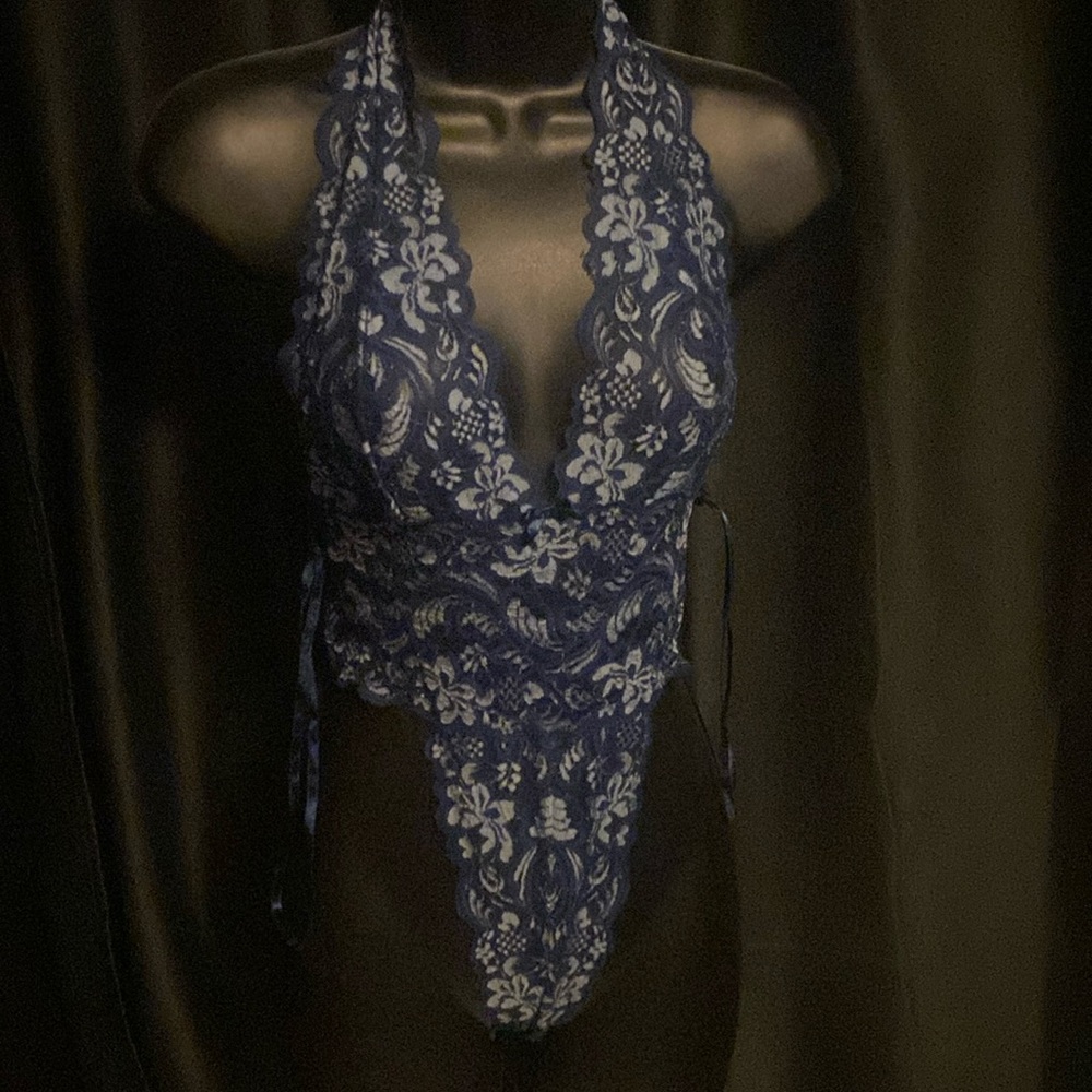 Blue flower deign one piece lingerie